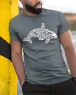 Tribal Orca Whale Ocean Graphic Tee Artistic Marine Style - model wearing grey tee, leaning on column