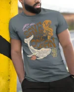 Save The Ocean Marine Life Graphic Tee Vintage Sea Style - model wearing grey tee, leaning on column