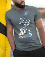 Ocean Adventure Ship In Bottle Wave Graphic Tee Nautical Art - model wearing grey tee, leaning on column