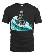 Funny Surfing Moai Statue Graphic Tee Retro Beach Humor Style - black t-shirt on white background
