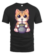 Cute Cat Drinking Mate Graphic Tee Funny Kawaii Style - black t-shirt on white background