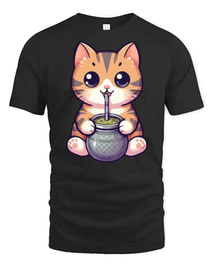 Cute Cat Drinking Mate Graphic Tee Funny Kawaii Style - black t-shirt on white background