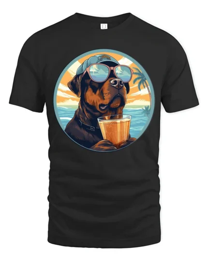 Cool Dog Drinking Cocktail Graphic Tee Funny Beach Style - black t-shirt on white background