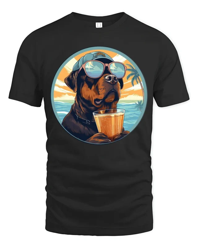 Cool Dog Drinking Cocktail Graphic Tee Funny Beach Style - black t-shirt on white background