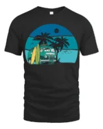 Vintage Surf Van Beach Sunset Graphic Tee Retro Summer Style - black t-shirt on white background