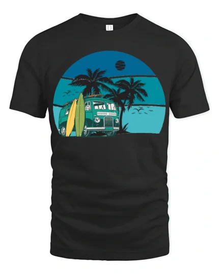 Vintage Surf Van Beach Sunset Graphic Tee Retro Summer Style - black t-shirt on white background