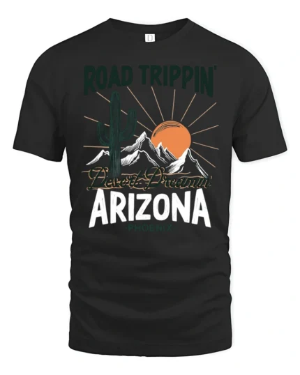 Arizona Desert Road Trip Graphic Tee Retro Travel Adventure Style - black t-shirt on white background