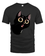 Cute Black Cat Big Eyes Graphic Tee Funny Cartoon Style - black t-shirt on white background