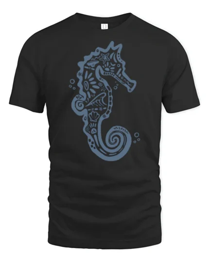 Artistic Seahorse Ocean Graphic Tee Coastal Marine Style - black t-shirt on white background
