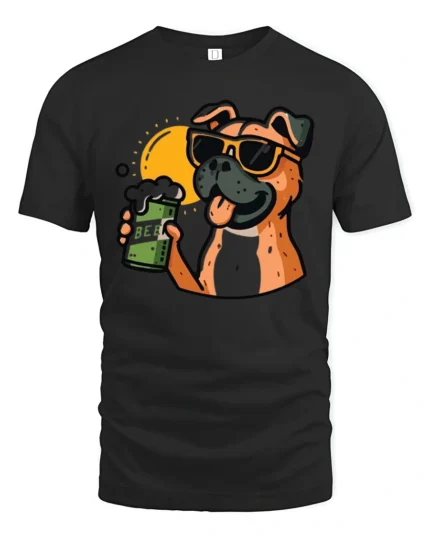 Funny Dog Drinking Beer Graphic Tee Cool Cartoon Party Style - black t-shirt on white background