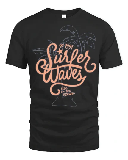 Surfer Waves Retro Beach Graphic Tee Ocean Lifestyle Style - black t-shirt on white background