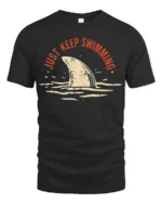 Just Keep Swimming Shark Graphic Tee Funny Ocean Style - black t-shirt on white background