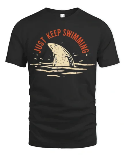 Just Keep Swimming Shark Graphic Tee Funny Ocean Style - black t-shirt on white background