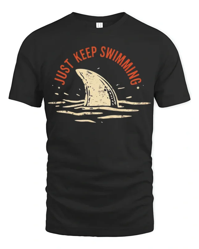 Just Keep Swimming Shark Graphic Tee Funny Ocean Style - black t-shirt on white background