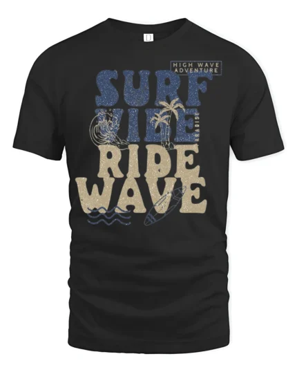 Surf Vibe Ride Wave Graphic Tee Retro Beach Adventure Style - black t-shirt on white background