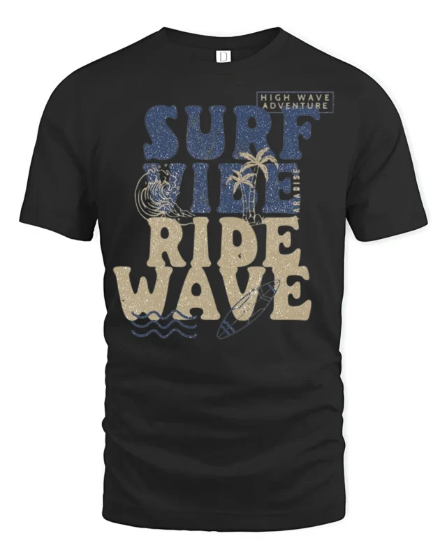 Surf Vibe Ride Wave Graphic Tee Retro Beach Adventure Style - black t-shirt on white background