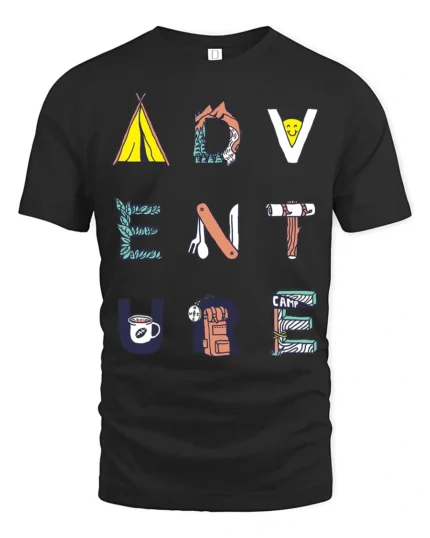 Adventure Camping Graphic Tee Outdoor Nature Travel Style - black t-shirt on white background