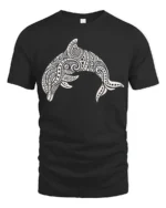Tribal Dolphin Graphic Tee Ocean Spirit Artistic Style - black t-shirt on white background