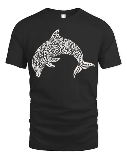 Tribal Dolphin Graphic Tee Ocean Spirit Artistic Style - black t-shirt on white background