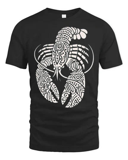 Artistic Lobster Tribal Pattern Graphic Tshirt Ocean Style - black t-shirt on white background