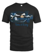 Take It Easy Beach Sunset Graphic Tee Relax Coastal Style - black t-shirt on white background