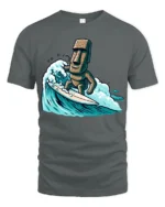 Funny Surfing Moai Statue Graphic Tee Retro Beach Humor Style - gray t-shirt on white background