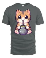 Cute Cat Drinking Mate Graphic Tee Funny Kawaii Style - gray t-shirt on white background