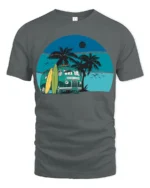Vintage Surf Van Beach Sunset Graphic Tee Retro Summer Style - gray t-shirt on white background