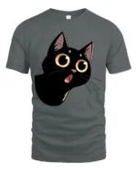 Cute Black Cat Big Eyes Graphic Tee Funny Cartoon Style - gray t-shirt on white background