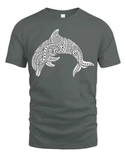 Tribal Dolphin Graphic Tee Ocean Spirit Artistic Style - gray t-shirt on white background