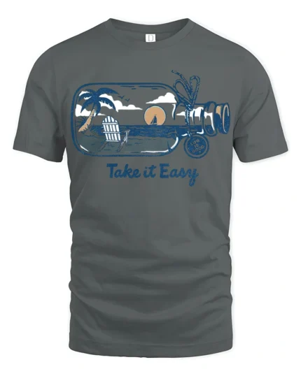 Take It Easy Beach Sunset Graphic Tee Relax Coastal Style - gray t-shirt on white background