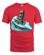 Funny Surfing Moai Statue Graphic Tee Retro Beach Humor Style - red t-shirt on white background