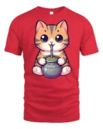 Cute Cat Drinking Mate Graphic Tee Funny Kawaii Style - red t-shirt on white background
