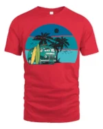 Vintage Surf Van Beach Sunset Graphic Tee Retro Summer Style - red t-shirt on white background