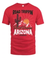 Arizona Desert Road Trip Graphic Tee Retro Travel Adventure Style - red t-shirt on white background