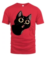Cute Black Cat Big Eyes Graphic Tee Funny Cartoon Style - red t-shirt on white background