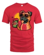 Funny Dog Drinking Beer Graphic Tee Cool Cartoon Party Style - red t-shirt on white background