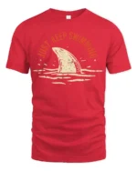 Just Keep Swimming Shark Graphic Tee Funny Ocean Style - red t-shirt on white background