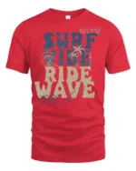 Surf Vibe Ride Wave Graphic Tee Retro Beach Adventure Style - red t-shirt on white background