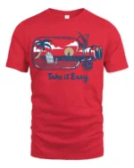 Take It Easy Beach Sunset Graphic Tee Relax Coastal Style - red t-shirt on white background