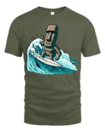 Funny Surfing Moai Statue Graphic Tee Retro Beach Humor Style - military green t-shirt on white background