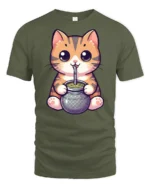 Cute Cat Drinking Mate Graphic Tee Funny Kawaii Style - military green t-shirt on white background