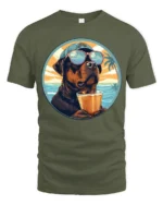 Cool Dog Drinking Cocktail Graphic Tee Funny Beach Style - military green t-shirt on white background