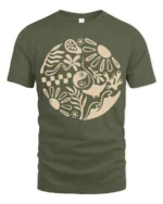 Minimal Abstract Nature Graphic Tshirt Modern Art Style - military green t-shirt on white background