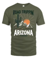 Arizona Desert Road Trip Graphic Tee Retro Travel Adventure Style - military green t-shirt on white background
