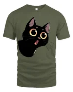 Cute Black Cat Big Eyes Graphic Tee Funny Cartoon Style - military green t-shirt on white background