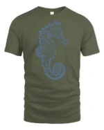Artistic Seahorse Ocean Graphic Tee Coastal Marine Style - military green t-shirt on white background