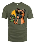 Funny Dog Drinking Beer Graphic Tee Cool Cartoon Party Style - military green t-shirt on white background