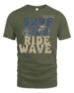 Surf Vibe Ride Wave Graphic Tee Retro Beach Adventure Style - military green t-shirt on white background