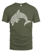 Tribal Dolphin Graphic Tee Ocean Spirit Artistic Style - military green t-shirt on white background